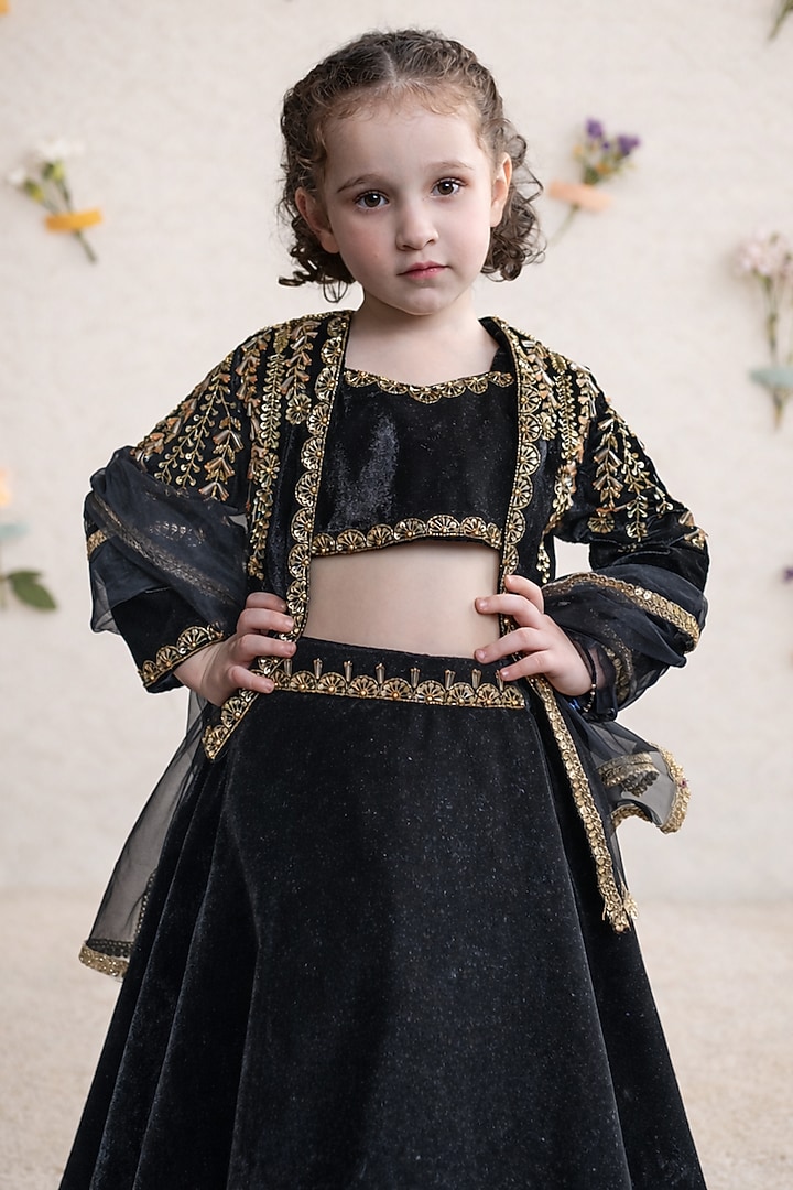 Black Velvet Embroidered Jacket Lehenga Set For Girls by Devykids at Pernia's Pop Up Shop