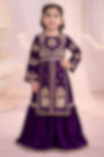 Wine & Golden Velvet Gharara Set For Girls by Devykids at Pernia's Pop Up Shop