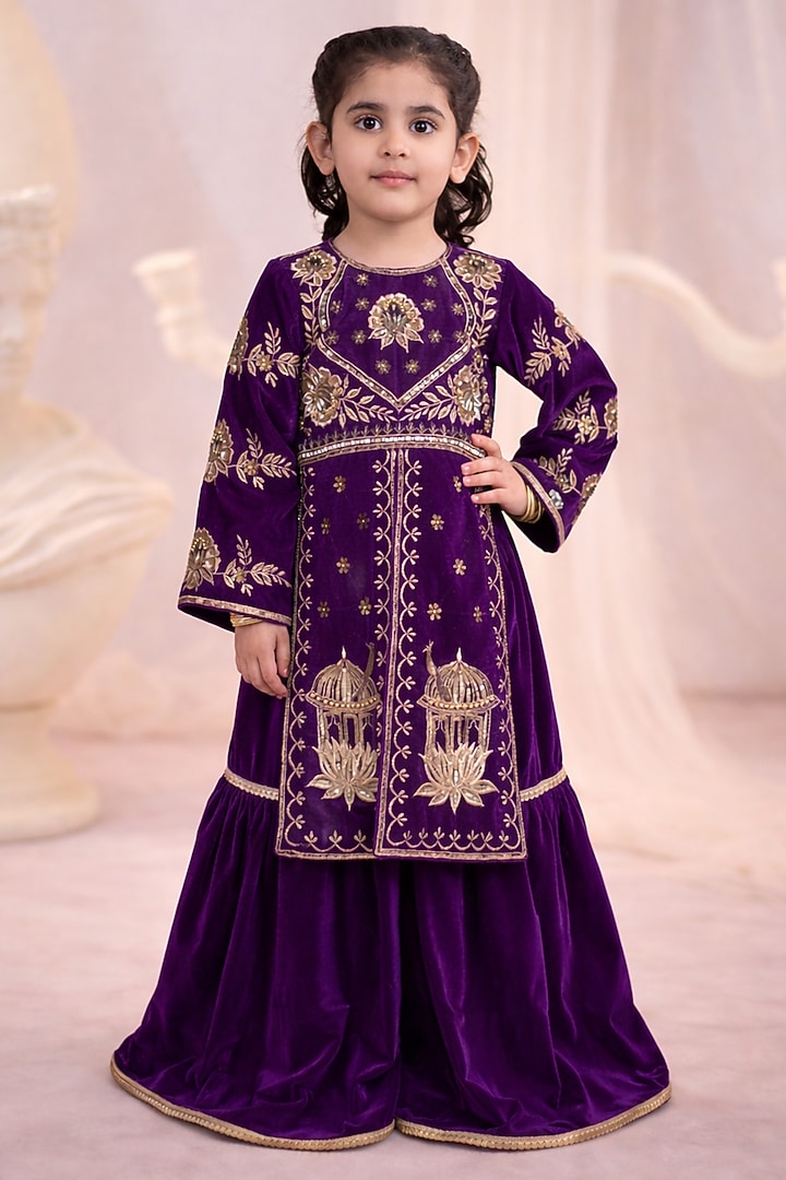 Wine & Golden Velvet Gharara Set For Girls by Devykids at Pernia's Pop Up Shop