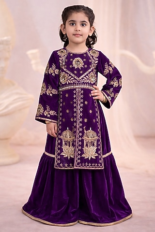 Wine & Golden Velvet Gharara Set For Girls by Devykids