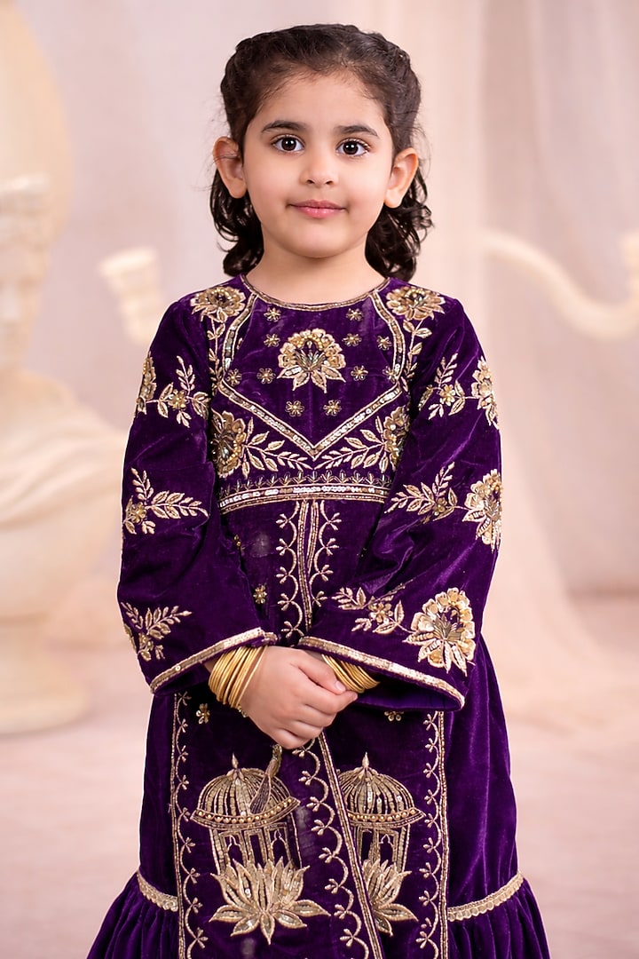 Wine & Golden Velvet Gharara Set For Girls by Devykids at Pernia's Pop Up Shop