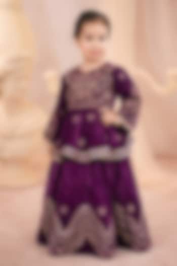Wine Velvet Embroidered Lehenga Set For Girls by Devykids at Pernia's Pop Up Shop