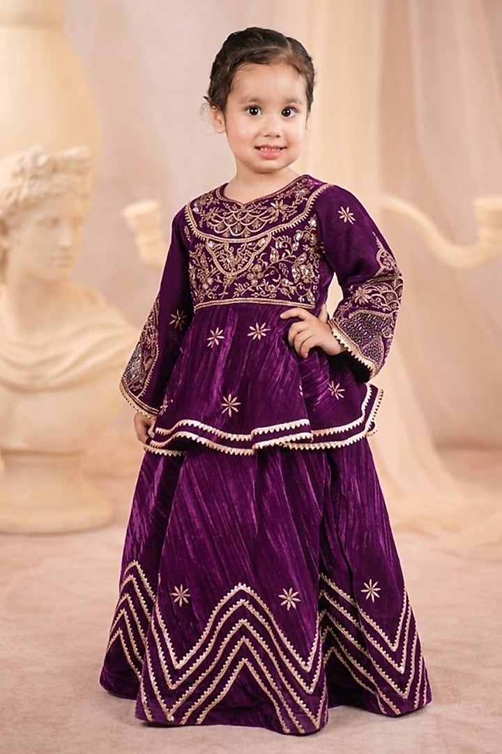 Wine Velvet Embroidered Lehenga Set For Girls by Devykids at Pernia's Pop Up Shop