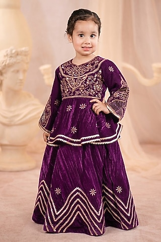Wine Velvet Embroidered Lehenga Set For Girls by Devykids