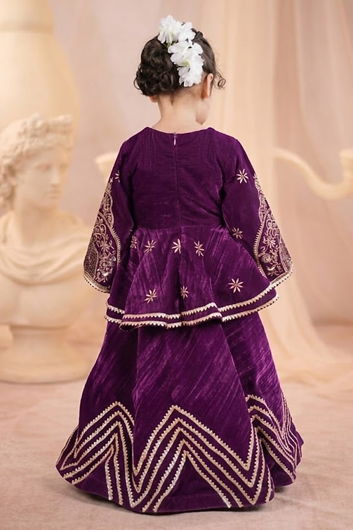Wine Velvet Embroidered Lehenga Set For Girls by Devykids at Pernia's Pop Up Shop