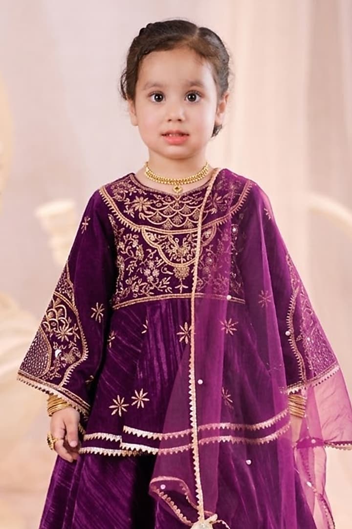Wine Velvet Embroidered Lehenga Set For Girls by Devykids at Pernia's Pop Up Shop