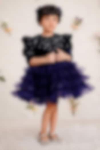 Navy Blue Velvet Embroidered Dress For Girls by Devykids at Pernia's Pop Up Shop