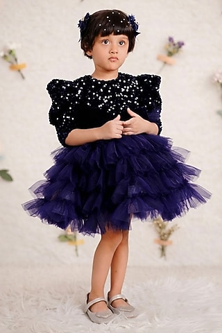 Navy Blue Velvet Embroidered Dress For Girls by Devykids