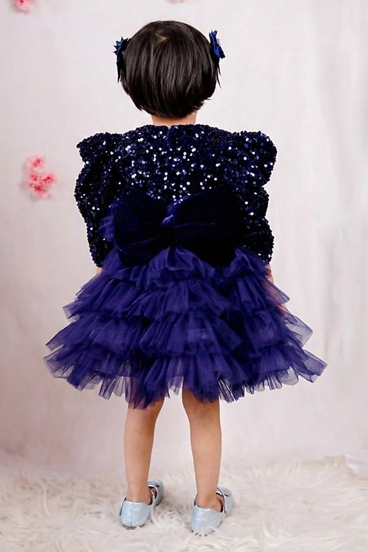 Navy Blue Velvet Embroidered Dress For Girls by Devykids at Pernia's Pop Up Shop