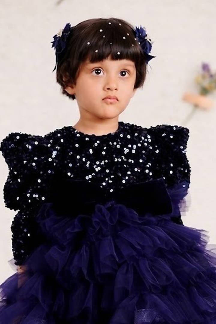 Navy Blue Velvet Embroidered Dress For Girls by Devykids at Pernia's Pop Up Shop