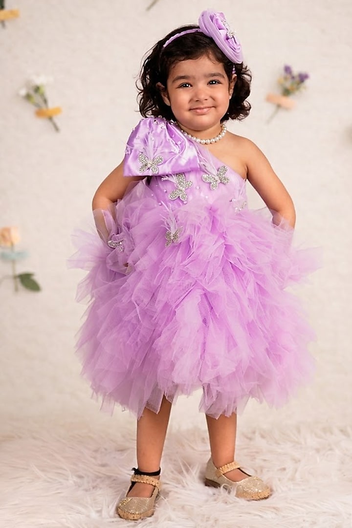 Lavender Net Embroidered Dress For Girls by Devykids at Pernia's Pop Up Shop