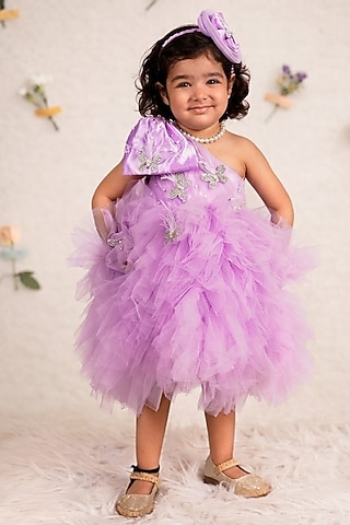 Lavender Net Embroidered Dress For Girls by Devykids