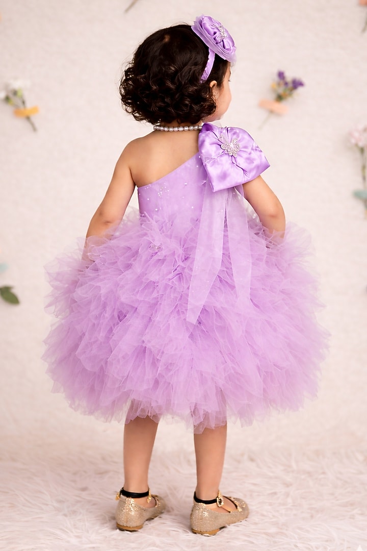 Lavender Net Embroidered Dress For Girls by Devykids at Pernia's Pop Up Shop