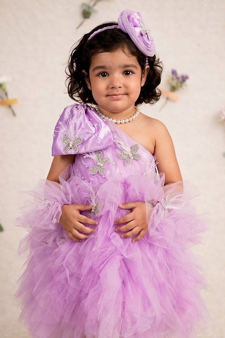 Lavender Net Embroidered Dress For Girls by Devykids at Pernia's Pop Up Shop