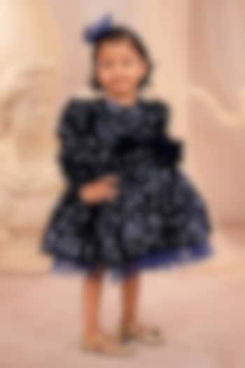 Navy Blue Velvet Embroidered Dress For Girls by Devykids at Pernia's Pop Up Shop