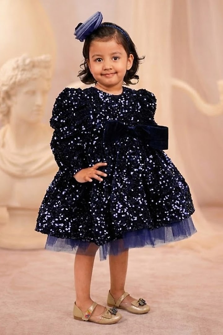 Navy Blue Velvet Embroidered Dress For Girls by Devykids at Pernia's Pop Up Shop