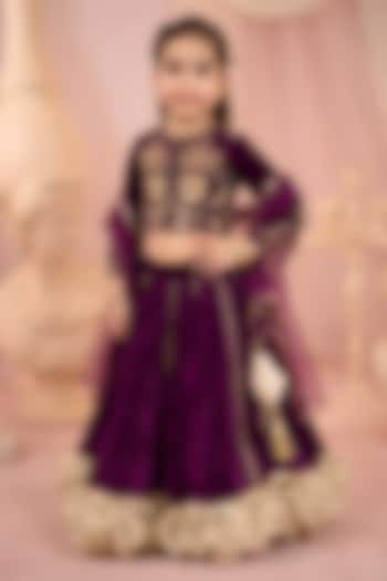 Wine Velvet Embroidered Lehenga Set For Girls by Devykids at Pernia's Pop Up Shop