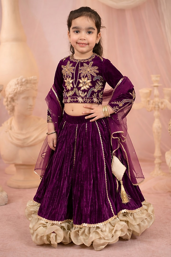Wine Velvet Embroidered Lehenga Set For Girls by Devykids at Pernia's Pop Up Shop