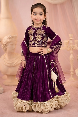 Wine Velvet Embroidered Lehenga Set For Girls by Devykids