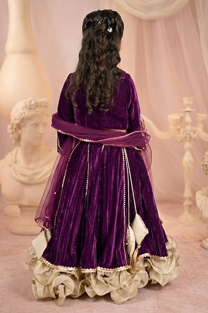 Wine Velvet Embroidered Lehenga Set For Girls by Devykids at Pernia's Pop Up Shop