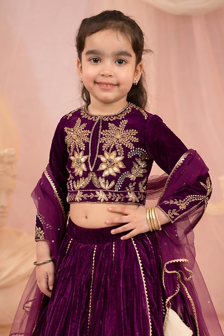 Wine Velvet Embroidered Lehenga Set For Girls by Devykids at Pernia's Pop Up Shop