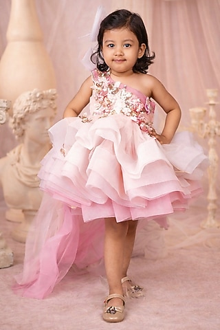 Baby Pink & White Net Embroidered Dress For Girls by Devykids