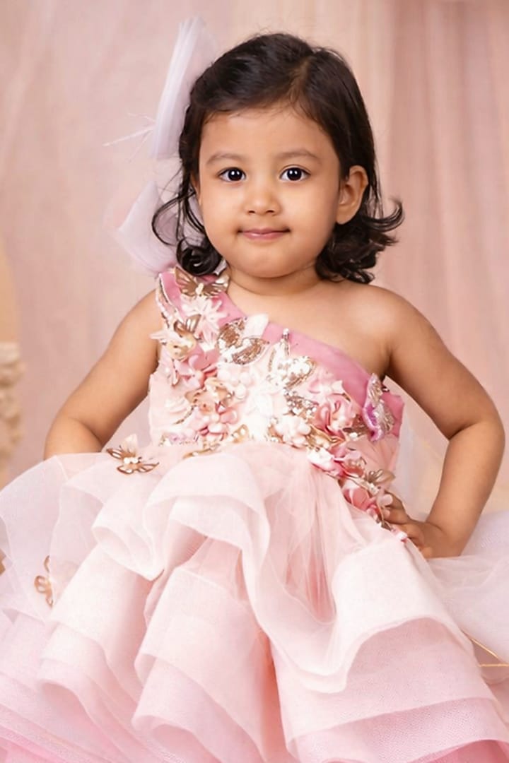 Baby Pink & White Net Embroidered Dress For Girls by Devykids at Pernia's Pop Up Shop
