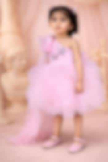 Baby Pink Net Embroidered Dress For Girls by Devykids at Pernia's Pop Up Shop