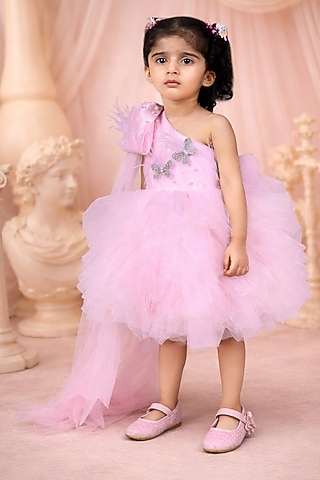 Baby Pink Net Embroidered Dress For Girls by Devykids