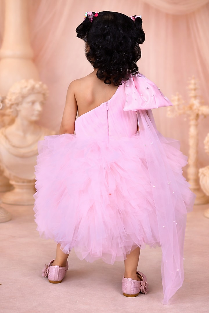 Baby Pink Net Embroidered Dress For Girls by Devykids at Pernia's Pop Up Shop