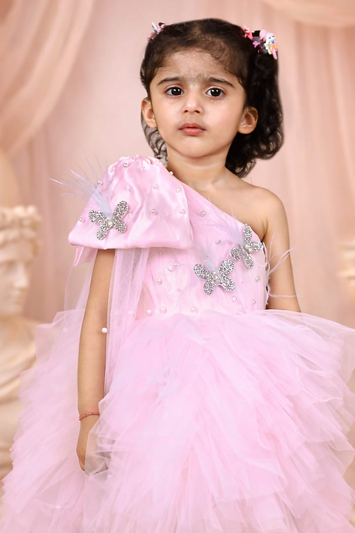 Baby Pink Net Embroidered Dress For Girls by Devykids at Pernia's Pop Up Shop