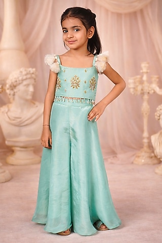 Mint Green Tissue Embroidered Co-Ord Set For Girls by Devykids