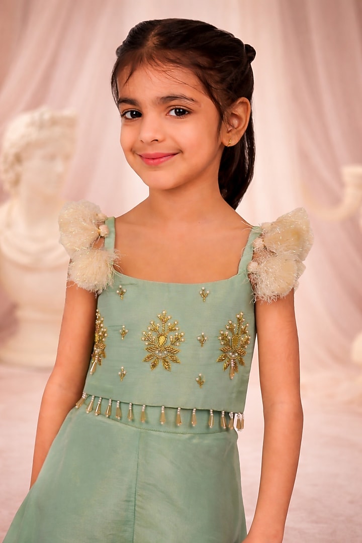 Mint Green Tissue Embroidered Co-Ord Set For Girls by Devykids at Pernia's Pop Up Shop