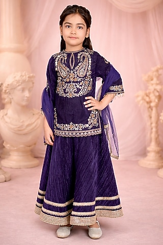 Blue Velvet Embroidered Kurta Set For Girls by Devykids