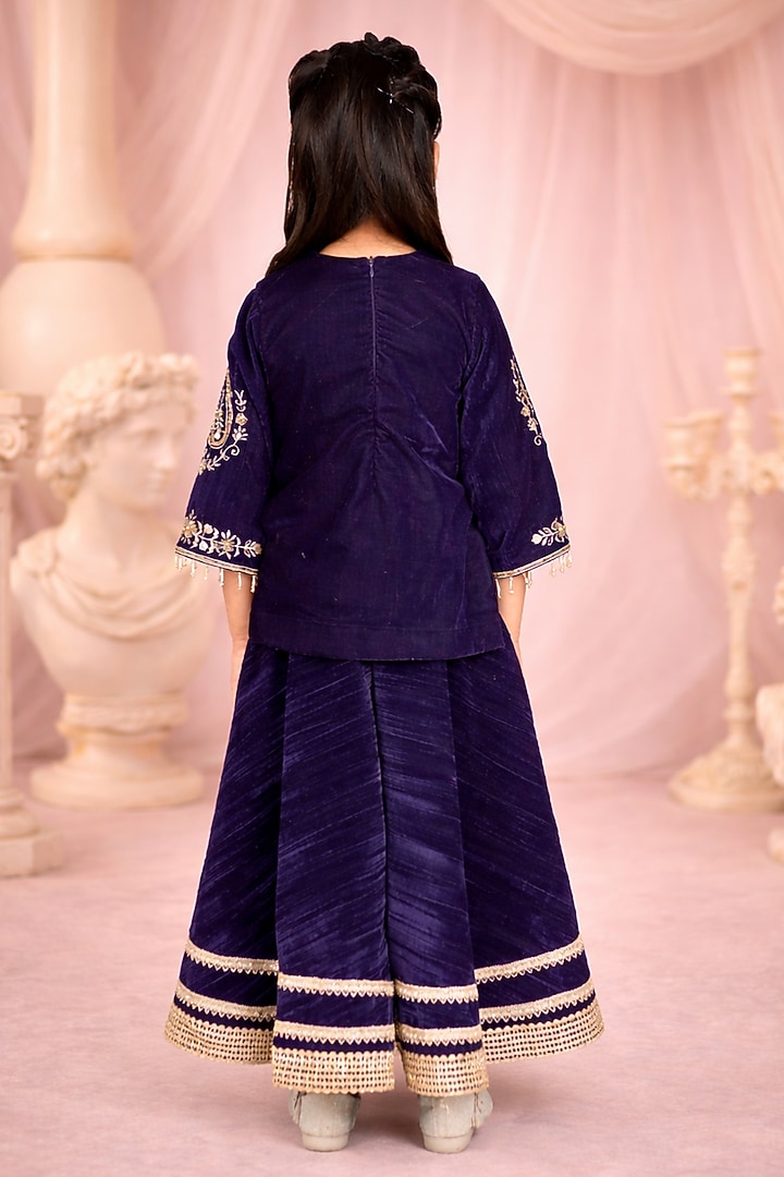Blue Velvet Embroidered Kurta Set For Girls by Devykids at Pernia's Pop Up Shop