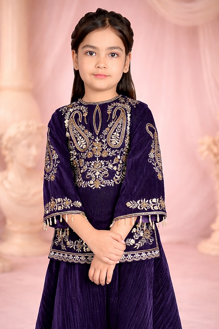 Blue Velvet Embroidered Kurta Set For Girls by Devykids at Pernia's Pop Up Shop