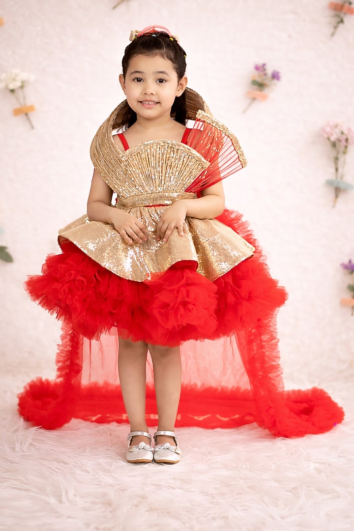 Red & Golden Net Embroidered Dress For Girls by Devykids at Pernia's Pop Up Shop