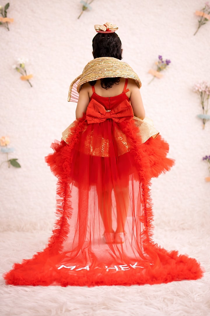Red & Golden Net Embroidered Dress For Girls by Devykids at Pernia's Pop Up Shop
