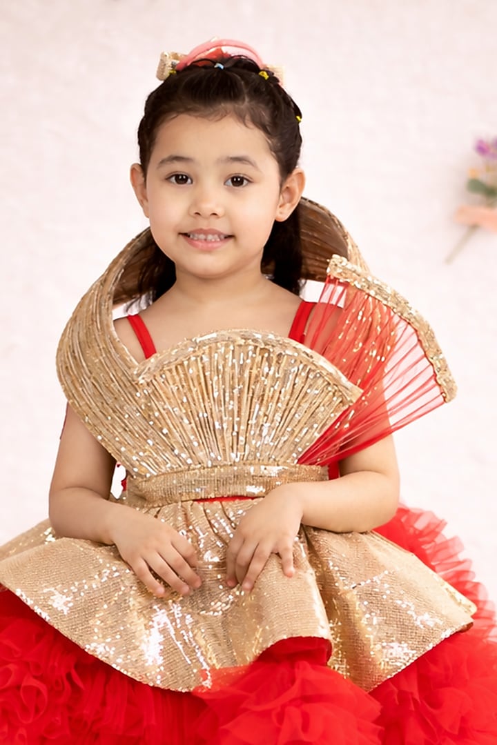 Red & Golden Net Embroidered Dress For Girls by Devykids at Pernia's Pop Up Shop