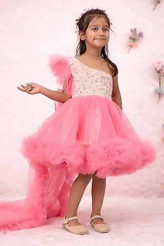 Pink & White Net Embroidered Dress For Girls by Devykids
