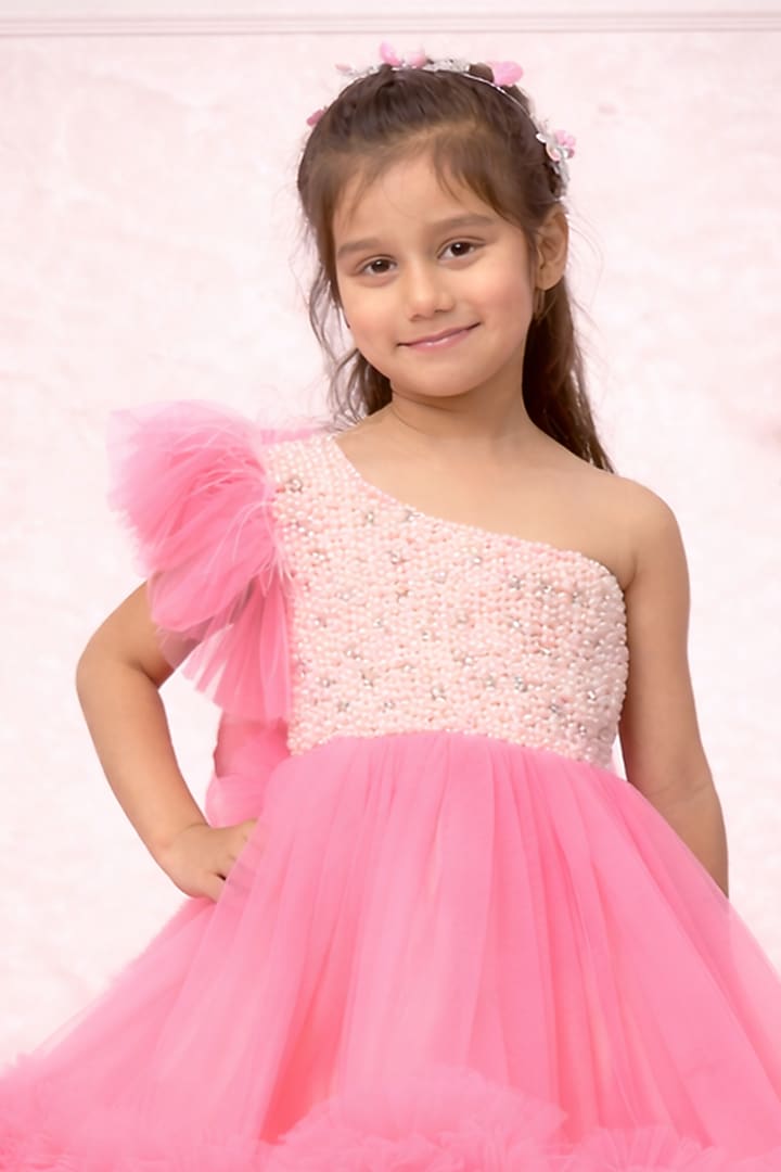 Pink & White Net Embroidered Dress For Girls by Devykids at Pernia's Pop Up Shop
