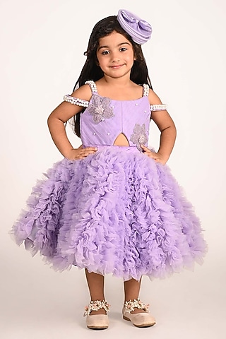 Lavender & White Net Embroidered Dress For Girls by Devykids