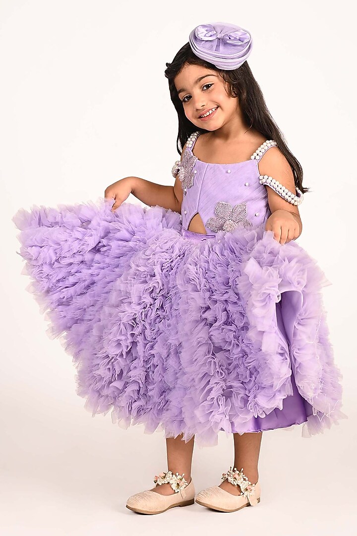 Lavender & White Net Embroidered Dress For Girls by Devykids at Pernia's Pop Up Shop