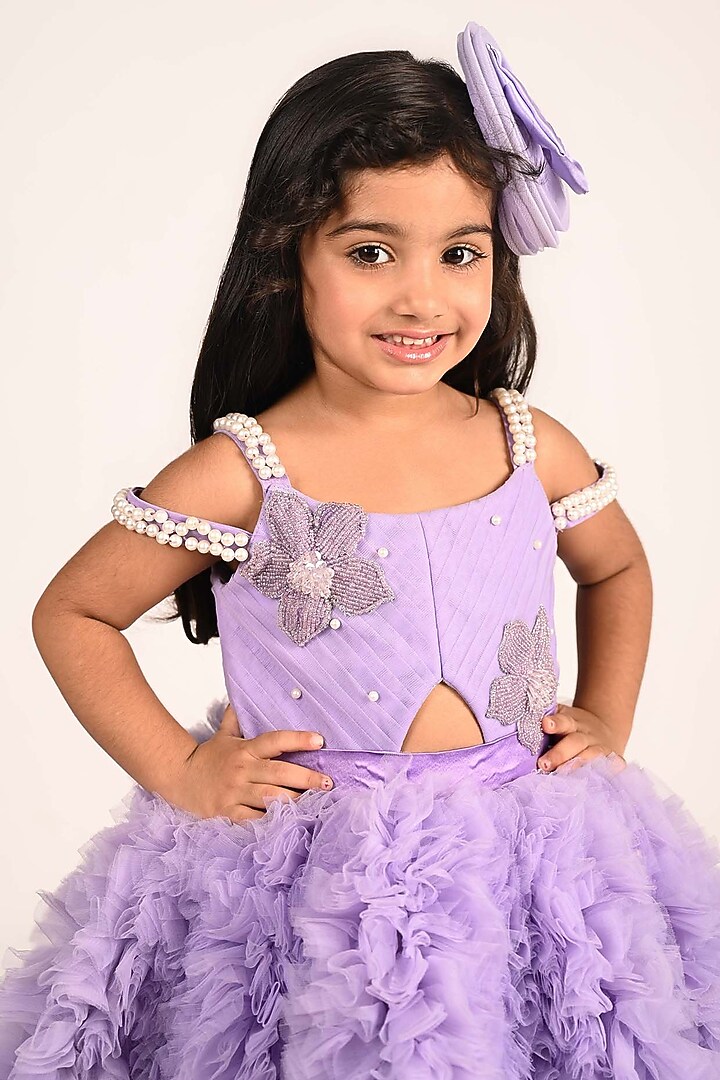 Lavender & White Net Embroidered Dress For Girls by Devykids at Pernia's Pop Up Shop
