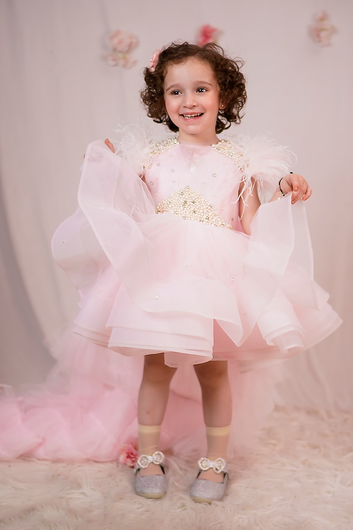 Baby Pink & White Net Embroidered Dress For Girls by Devykids at Pernia's Pop Up Shop