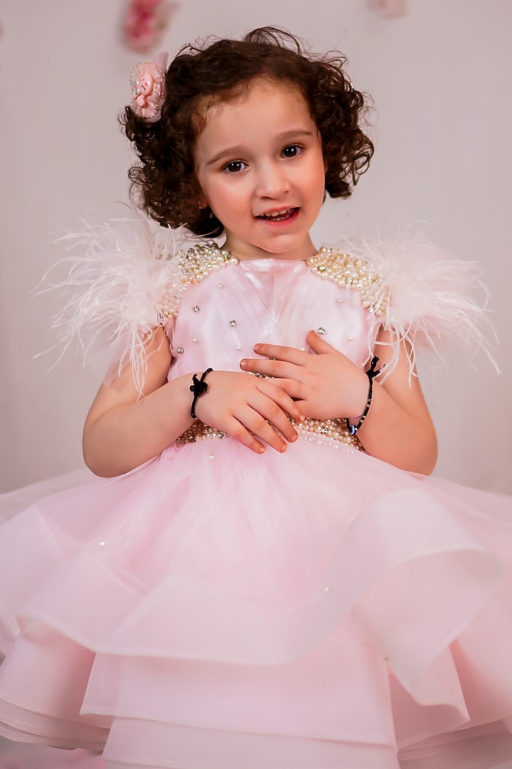 Baby Pink & White Net Embroidered Dress For Girls by Devykids at Pernia's Pop Up Shop
