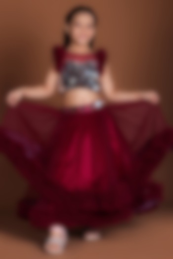 Maroon Net & Satin Mirror Embellished Lehenga Set For Girls by Devykids at Pernia's Pop Up Shop