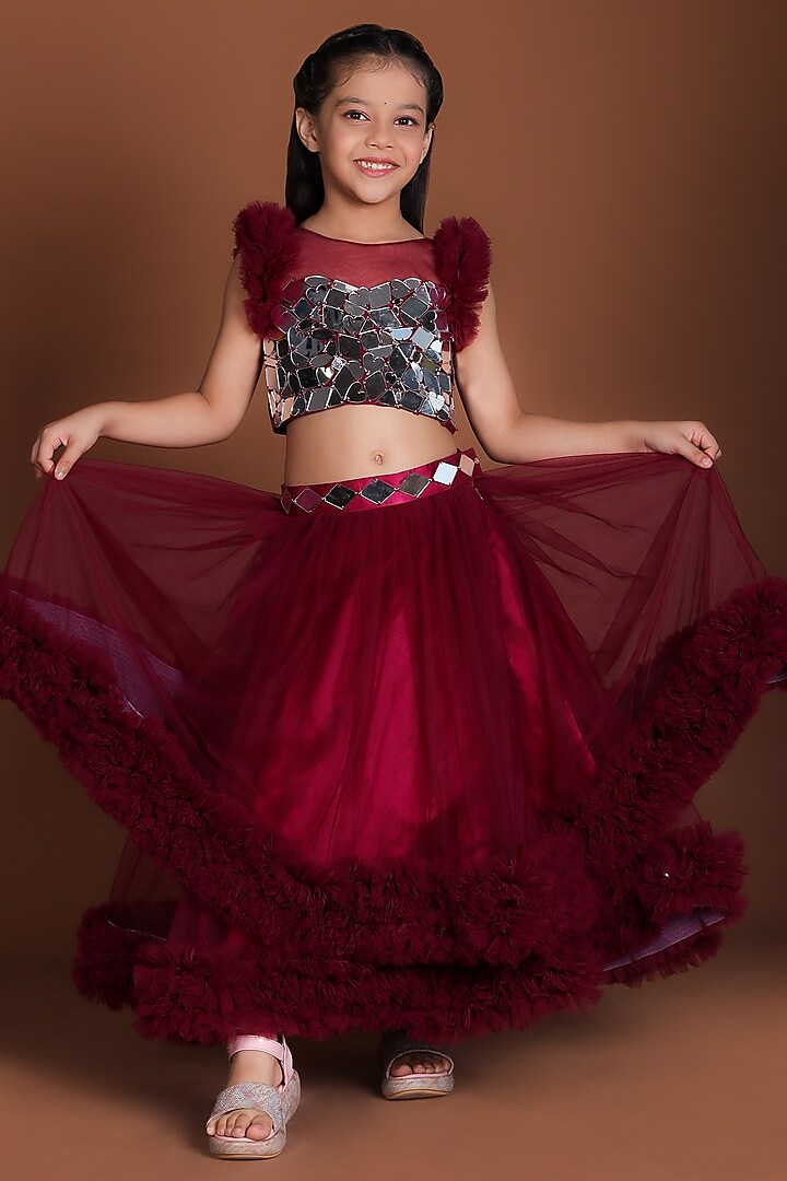 Maroon Net & Satin Mirror Embellished Lehenga Set For Girls by Devykids at Pernia's Pop Up Shop