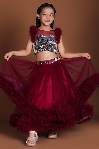 Maroon Net & Satin Mirror Embellished Lehenga Set For Girls by Devykids