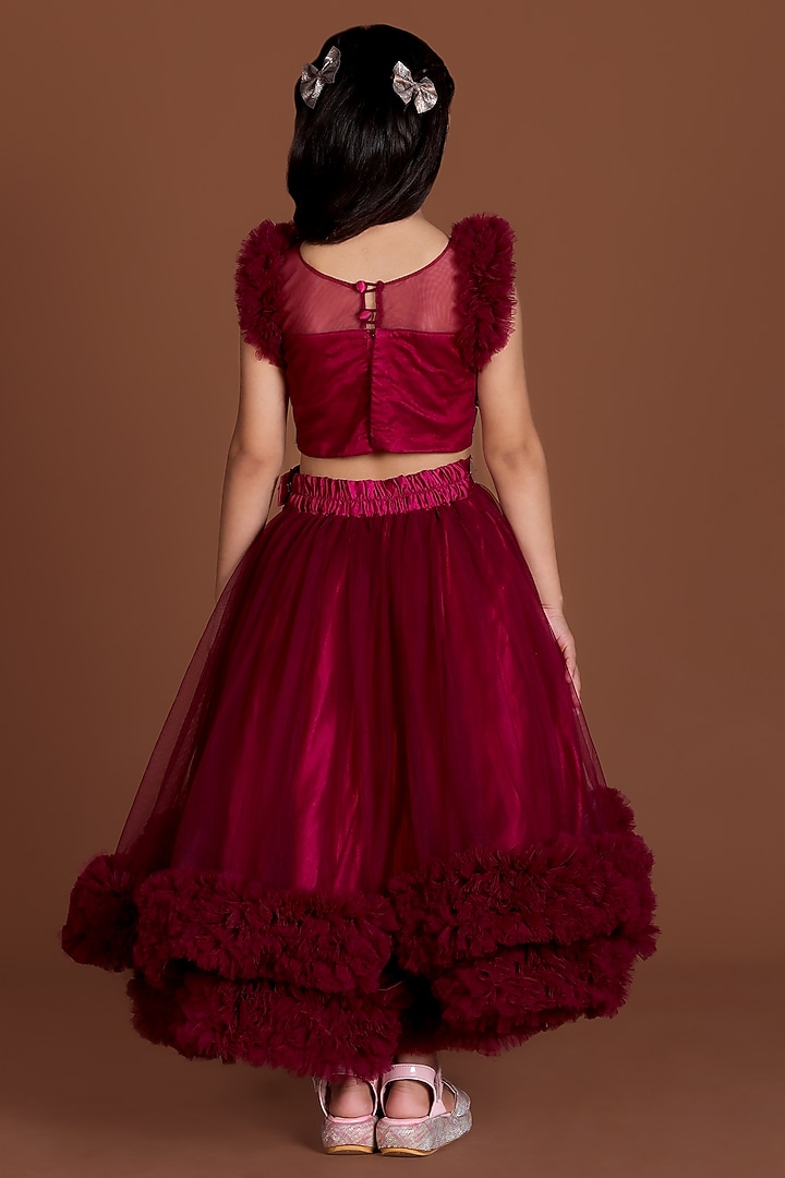 Maroon Net & Satin Mirror Embellished Lehenga Set For Girls by Devykids at Pernia's Pop Up Shop